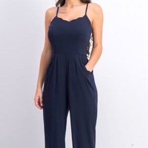 Navy Jumpsuit with Cutout Back and Pockets